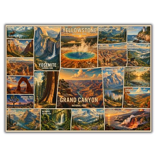 AOZVPEV Vintage 20 National Parks Jigsaw Puzzle for Adults 1,000 Pieces, Travel Poster Landscape Puzzle, Yellowstone, Yosemite, Zion, Mountain Scenery Puzzle, Natural Landscape Puzzle for Adults