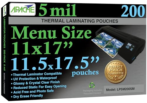 Apache Menu Size Laminating Pouches, 5 Mil, 200 Pack, Holds 11 x 17 Inch Projects (11.5 x 17.5 Inch Pouch Size), Thermal Laminator Compatible Laminating Sheets, Super Clear, Round Corners