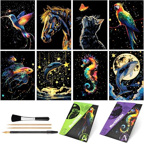 AP ARTSPER 8 Sheet Glow in The Dark Scratch Art Rainbow Painting Paper | Engraving Craft Scratchboard(A5) for Teens & Adults, Sketch Card Creative Toy DIY Projects (Animal)