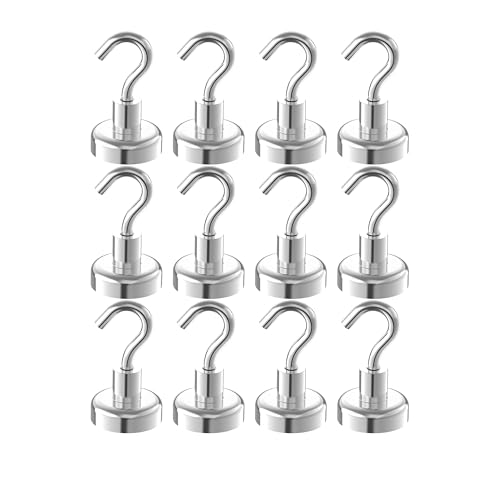 AplysiaTech Strong Magnetic Hooks with 1 Inch Dia Magnet Base, 80lbs - 12Pack Heavy Duty Rare Earth Magnet Hook for Refrigerator,Extra Strong Cruise Hook for Hanging, Magnetic Hanger for Cabins, Grill