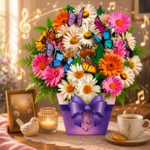 APOTODITO Birthday Card, Butterfly Cards with Music and Light, Flower Bouquet Card, Birthday Gifts for Mom, Women, Wife, Sister (daisy and butterfly)