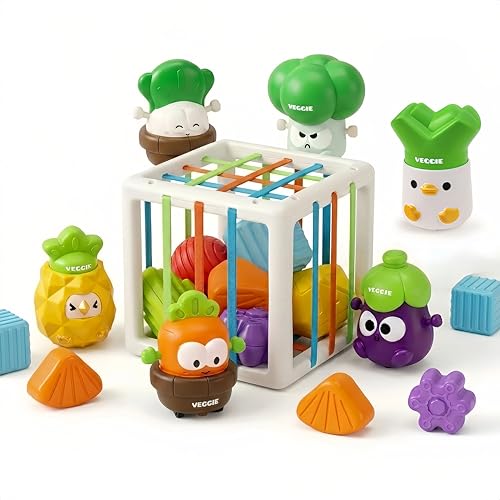 Aprilwolf Baby Early Education Toy Set: 2-in-1 Montessori Toys for 1 Year Old, 6 Sensory Shape Blocks Cube & Press-and-Go Vegetable Cars for Fine Motor Skills & Sensory Learning (Ages 1-3)