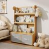 APRTAT Bamboo Kids Bookshelf with 2 Toy Storage Bins, 3-Tier Toddler Bookcase with Toy Organizer, Montessori Book Shelf for Kids Room, Nursery, Bedroom, Playroom, Natural