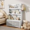 APRTAT Bamboo Kids Bookshelf with 2 Toy Storage Bins, 3-Tier Toddler Bookcase with Toy Organizer, Montessori Book Shelf for Kids Room, Nursery, Bedroom, Playroom, White