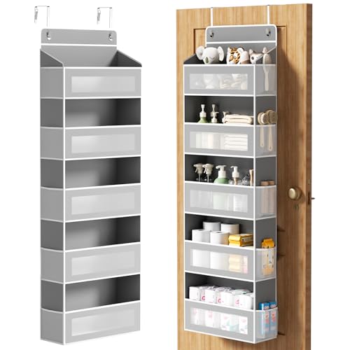 AQOOA Over The Door Organizer, 5-Tier Over the Door Storage 10 Side Pocket 44 lbs Load Behind Door Storage, Closet Door Organizer Hanging Shelf for Wall Bathroom Bedroom Nursery, Grey