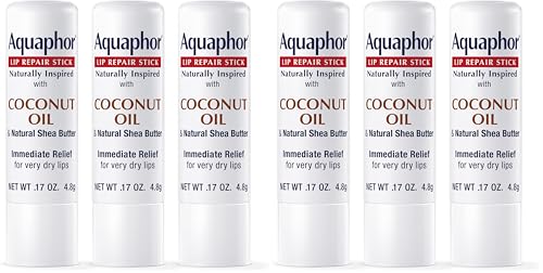 Aquaphor Naturally Inspired Lip Repair Stick with Coconut Oil and Natural Shea Butter, Hydrating Lip Balm Immediately Relieves Dryness and Soothes Chapped Lips, 0.17 Oz Stick, (Pack of 6)
