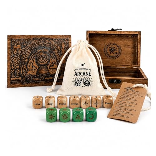Arcane Divination Dice Set – Engraved Wooden, Box Oracle Dice for Tarot Rituals, Handcrafted Intuition Amplifier for Astrology Rune Casting, Fortune Telling, and Spiritual Guidance