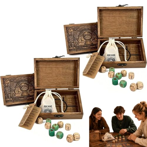 Arcane Divination Dice Set with Engraved Wooden Box, Witchy Oracle Dice for Tarot Ritual, Handcrafted Intuition Amplifier, Spiritual Gift for Wicca, 10-Piece Dice, for Astrology Rune Casting (2pcs)