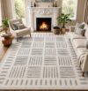 Area Rugs 8'x10' Washable Non-Slip, Modern Neutral Geometric Grid Pattern Area Rug for Living Room Bedroom Dining Room, Ivory Grey Charcoal