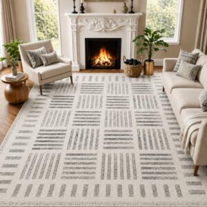 Area Rugs 8'x10' Washable Non-Slip, Modern Neutral Geometric Grid Pattern Area Rug for Living Room Bedroom Dining Room, Ivory Grey Charcoal