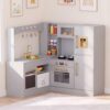Arlopu Corner Wooden Play Kitchen with Lights & Sounds, Ultimate Pretend Cooking Toy Playset w/Utensils, Oven, Microwave, Stove, Water Dispenser (Gray)