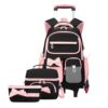 Armbq 3Pcs Rolling Backpack for Girls Color-Block Backpack with Wheels for Elementary Middle School, Kids Wheeled Bookbag Trolley Bag with Furry Pendant