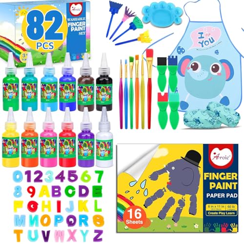 AROIC 82 Pack Washable Finger Paint Set, 12 Color Finger Paints 1 oz Each, Sponges, Painting Brushes, Waterproof Painting Apron, Palette Paper Drawing Gifts for Adults