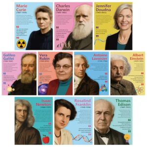 Arosche Classroom Posters 10pc Science Classroom Decor Famous Scientists Motivational Posters Inspirational Positive Quotes Poster for Home, School, Bulletin Board, Wall, Hallway, Library, Study Room
