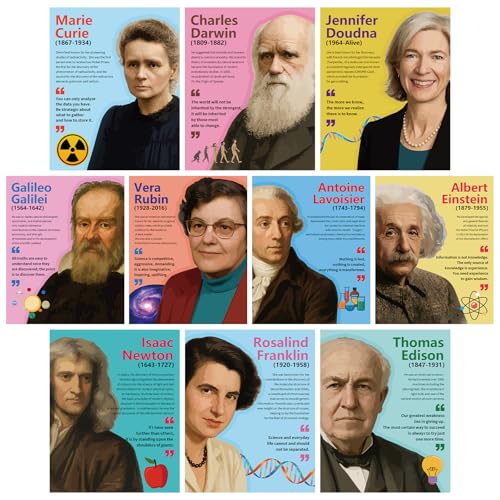 Arosche Classroom Posters 10pc Science Classroom Decor Famous Scientists Motivational Posters Inspirational Positive Quotes Poster for Home, School, Bulletin Board, Wall, Hallway, Library, Study Room