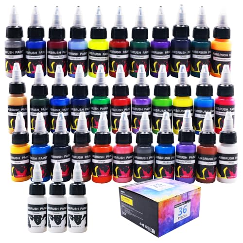 ArtBeek 33 Vibrant Colors Airbrush Paint Set 36 Bottles of Acrylic Paint for Models Crafts Metal Plastic Includes 3 Thinner Bottles for Airbrush Artistry