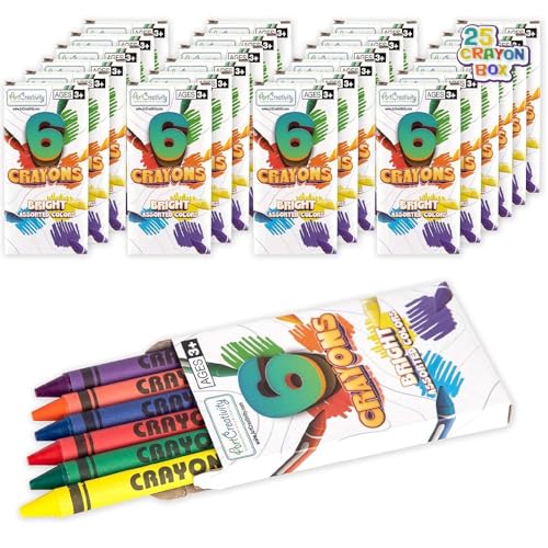 ArtCreativity Bulk Crayon Packs, 25 Sets of 6 Packs Total 150 Crayons Bulk Non-Toxic Individual Packs for Kids & Classroom Teachers, Easter Basket Stuffers, Crayons Party Favors for Toddlers
