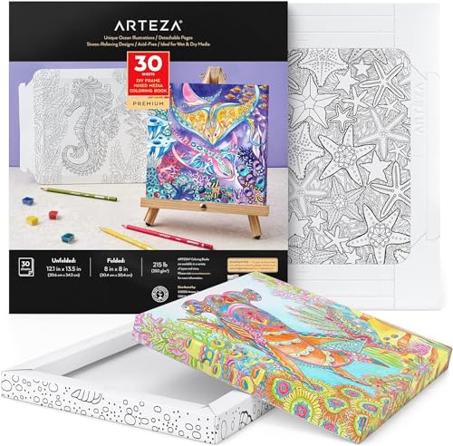 ARTEZA Adult Coloring Book, Ocean Illustrations, 30 Sheets, 12.1x13.5 Inches DIY Coloring Pages Fold into 8x8 Inches Frames, 215 lb Paper
