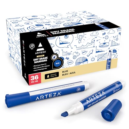 ARTEZA Dry Erase Markers, Bulk Pack of 36 Blue Whiteboard Markers with Chisel Tip, Low-Odor, Quick-Drying Ink for Office, Meeting Rooms & Home Use