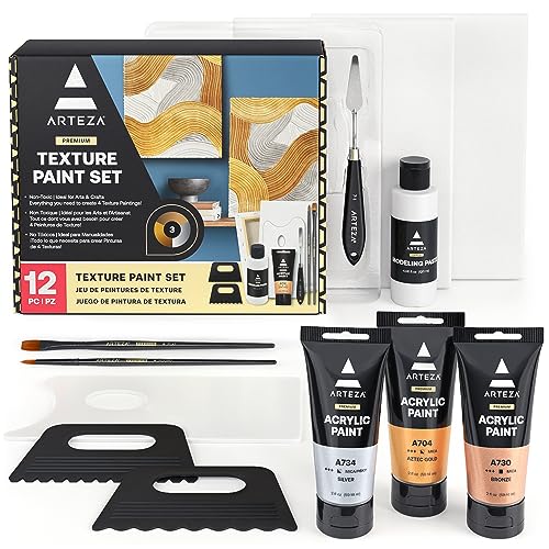ARTEZA Texture Acrylic Paint Set - Painting Set with Metallic Acrylic Paints (Gold, Silver, Bronze), 8x10 Stretched Canvases, Modeling Paste & Silicone Texture Tools - Texture Paint Set