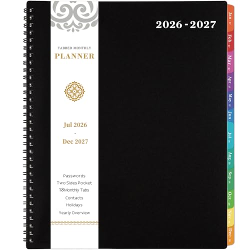 Artfan Monthly Planner 2026-2027, Jul 2026 - Dec 2027 Planner, 18 Month Calendar with Colorful Tabs, Polypropylene Perforated Page, 8.5" x 11", Planner 2026-2027 for Home School Office - Black
