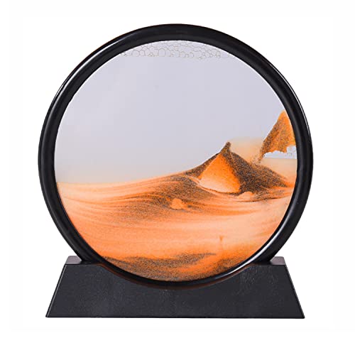 Arthink Moving Sand Art Picture in Motion Round Glass 3D Deep Sea Landscape, Dynamic Sand Art Sandscapes, Relaxing Desktop Table Decor Desk Decor Art Desk (7 inch, Orange)