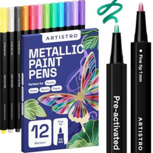 ARTISTRO 12 Metallic Paint Pens for Glass Marking, Rock Painting, Ceramic, Wood, Fabric, Scrapbooking, DIY Craft Making, Coloring - Acrylic Paint Markers Fine Tip 1mm