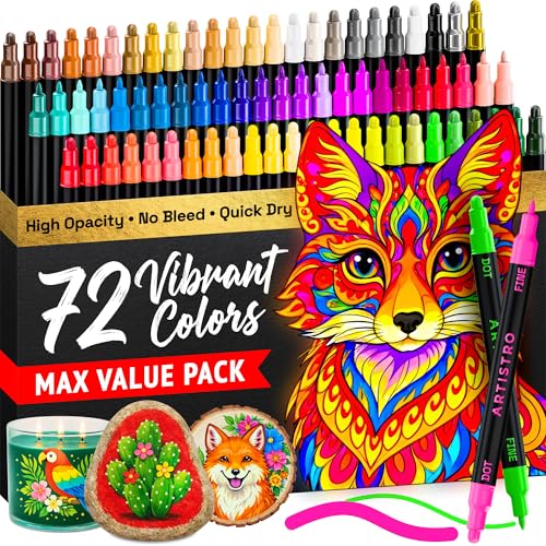 ARTISTRO 72 Precision Dual-Tip Acrylic Paint Markers – Paint Pens Set with Dot & Fine Tips for Fabric, Rock, Glass, Wood, Coloring Books – Arts & Crafts Gift – Classroom Must Haves & School Supplies