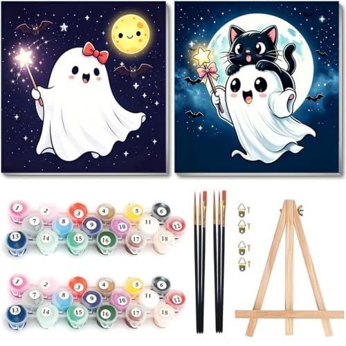 Arttoplus 2 Pack Halloween Paint by Numbers Kit for Kids with Frame, Ghost Kids Paint by Numbers Ages 4-8-12 with Wooden Easel,Easy Oil Painting by Number for Gift Home Wall Decor(8x8 inch)