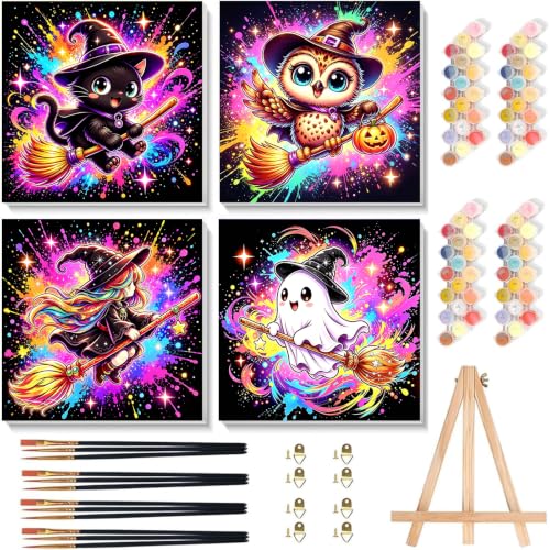 Arttoplus 4 Pack Paint by Numbers Kit for Kids with Frame, Cute Halloween Kids Paint by Numbers Ages 4-8-12 with Wooden Easel, Easy Oil Painting by Number for Gift Home Wall Decor(8x8 inch)