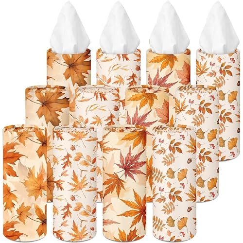 Arttown Car Tissue Holder for Cup Holder, Facial Tissues Bulk 3-Ply, Refillable Fall Maple Foliage Cylinder Tissue Boxes,Fit Car Home Office School,12 Pack (600 Sheets Total,50 Sheets Each)