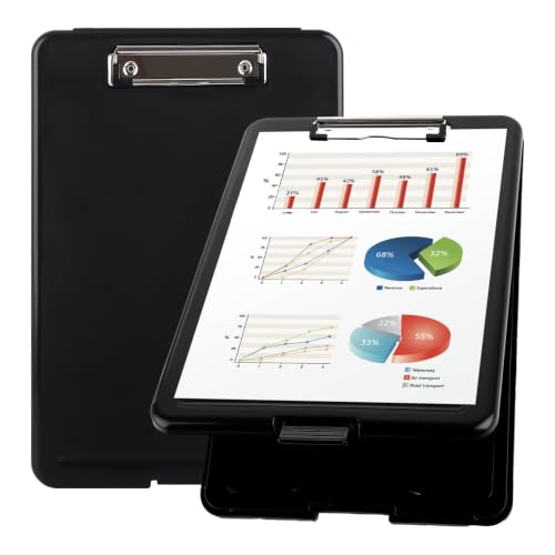 ASelected A4 Clipboard with Storage, Clipboard with Pen Holder, Plastic Clipboards with Compartment, Heavy Duty Storage Box Folder for School, Office, Medical Personnel (Black)