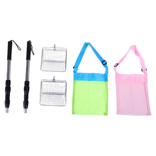 Asixxsix Shark Teeth Sifter, Shell Scooper with Mesh Shell Collecting Bag, Beach Sand Sifter Set with Extendable Handles for Collecting, Shark Teeth and Small Beach Finds (2 Shovels+2 Bags)