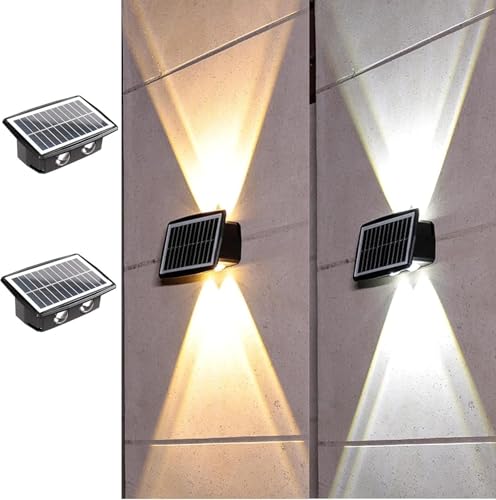 ASLIDECOR Solar Wall Lights Up Down 2 Pack, 4 Led Solar Sconce,Waterproof Deck Fence Lighting for House Outdoor Decor (Warm White&Cold White)