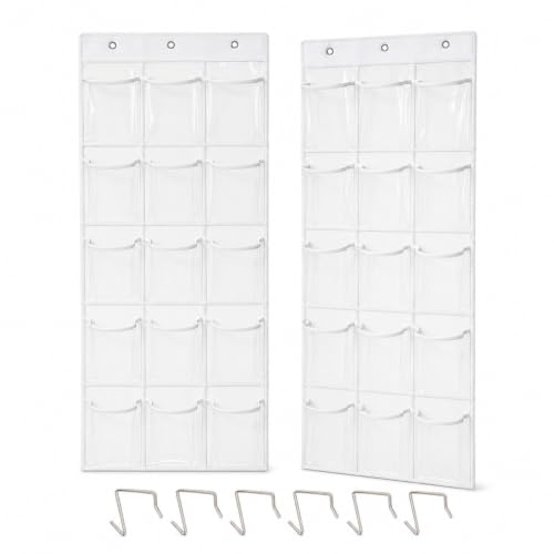 ASLVMO 2 Pack Classroom Headphone Storage Organizer, 30 Pockets Over Door Hanging Storage Bag with 62 Label Stickers & 6 Hooks, Clear PVC Storage Pockets for School Library Office Home