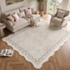 Asrug Scalloped Rug 5x7 Washable Rugs Solid Beige Area Rug Non Slip Soft Low Pile Foldable Vintage Carpet Home Decor for Kids Room Playroom Living Room Bedroom Kitchen Dining Room