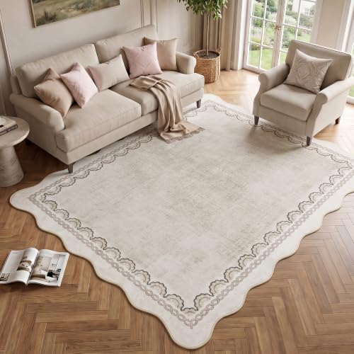 Asrug Scalloped Rug 5x7 Washable Rugs Solid Beige Area Rug Non Slip Soft Low Pile Foldable Vintage Carpet Home Decor for Kids Room Playroom Living Room Bedroom Kitchen Dining Room