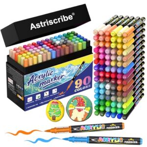 Astriscribe 90 Colors Acrylic Paint Pens Set – Water-Based Paint Markers with Brush Tip (1–5 mm), Quick-Dry and Non-Toxic, Automatic Ink Control for Rock, Wood, Glass, Metal, and Fabric
