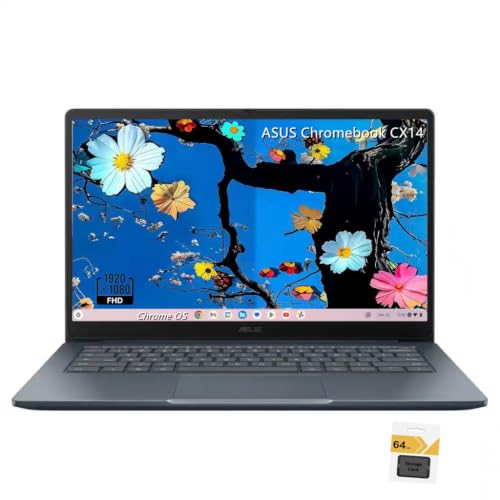 ASUS Chromebook CX14 Laptop, 14” FHD (1920 x 1080) Display, Intel Celeron N50, 4GB LPDDR5 RAM, 64GB eMMC Storage, Chrome OS, Wi-Fi 6, Dusk Gray, Lightweight Laptop, TWE 64GB Micro SD Card
