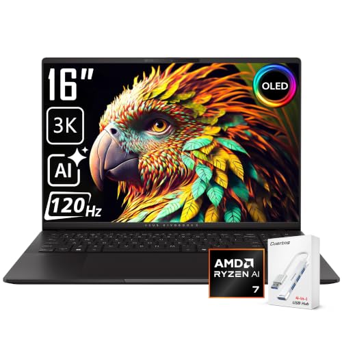 ASUS Vivobook S16 AI Business Laptop, 16" 120Hz 3K 2880 x 1800 OLED, AMD Ryzen AI 7 350(>Ultra 7 266V, 5GHz), 1-Zone RGB Backlit, FHD IR Webcam, Windows 11 Pro, Neutral Black(16GB DDR5 RAM | 2TB SSD)