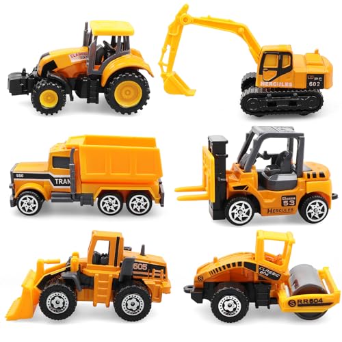 AtomDream Tech 6 Pack Diecast Construction Vehicle Toys – Mini Construction Truck Set with Excavator, Dump Truck, Bulldozer & Mixer for Boys Girls Ages 3+, Birthday Party Favors & Goodie Bag Stuffers