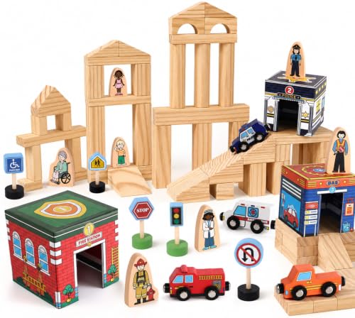 Atoylink Kids Building Blocks for Toddlers 1-3, 108Pcs Wooden Stacking Toys with Community Helpers & Magnetic Wooden Cars Signals, Baby Nesting Boxes Preschool Learning Toys for Boys Girls Gift