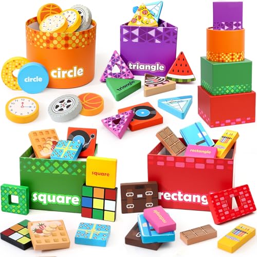 Atoylink Montessori Toys Shape Sorter for Toddlers, Wooden Stacking Blocks Nesting Boxes Baby Everyday Objects Shape Sorting Toys Matching Games, Preschool Learning Toys for Boys Girls