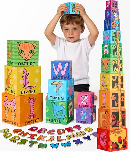Atoylink Toddler Sorting & Stacking Toys with Wooden Magnetic Alphabet, 10-Piece Baby Number Stacking Blocks Nesting Boxes, Montessori Educational Preschool Toys for Toddlers 1-3 Boys Girls Gift