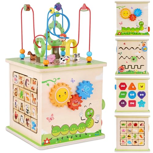 ATOYUS Wooden Activity Cube, Montessori Toys for 1 2 3 Year Old Toddlers, 6-in-1 Baby Educational Toys for 12+ Months, Sensory Activity Box for 1+ Year Old Boys Girls, Birthday Gifts for Kids
