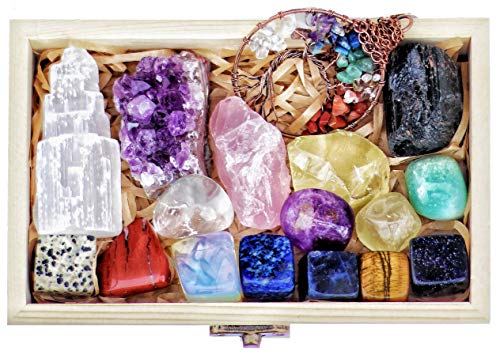 AtPerry's Healing Crystals Set - 16 Real Chakra Crystals & Stones for Stress & Anxiety Relief, Wooden Gift Box + Tree of Life Necklace + Guide Book, Selenite Amethyst Rose Quartz - Gift for Women