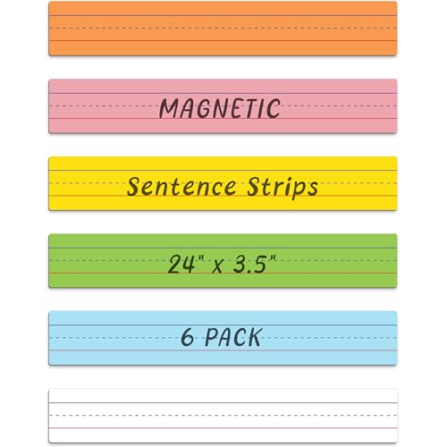 Attractivia Dry Erase Magnetic Sentence Strips for Teachers, Whiteboards & Classrooms - 24" x 3.5" - 6 Colored Sentence Strips - Practice Handwriting, Sight Words, Spelling and Math