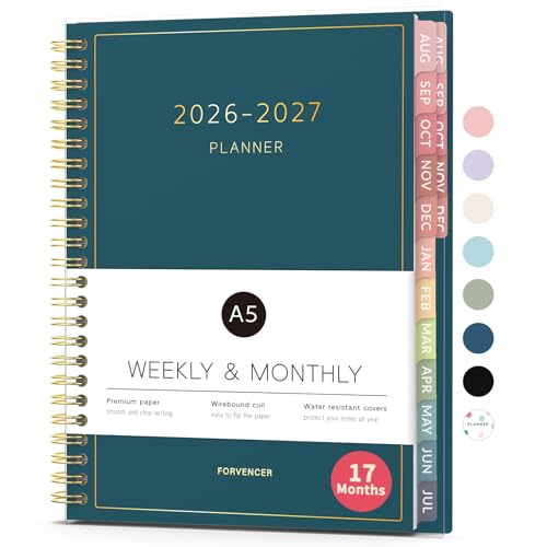 Aug 2026 - Dec 2027 Planner, Forvencer 17 Month Academic Planner 2026-2027, 6.3" x 8.4", Calendar Planner Weekly and Monthly, Daily Agenda Book, School Supplies for Student Teacher, A5, Navy Blue