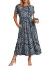 Auhoot Summer Dresses for Women 2026 Short Flutter Sleeve Crew Neck Party Vacation Beach Sundress A-Line Ruffle Tiered Casual Floral Maxi Dress with Pockets Navy Leaf L