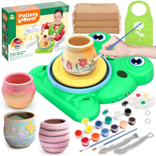 Aujazyble Pottery Wheel for Kids - Complete Pottery Painting Kit Arts and Crafts for Kids Ages 8-12 with 3 Pack Air Dry Clay Art Supplies Toys for Girls Boy Birthday Gift for 6 7 8 9 10 11 12+